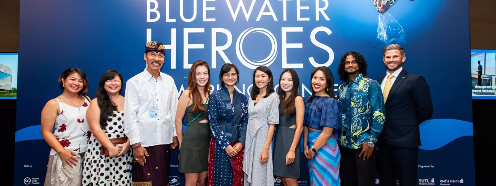 The 2022 Blue Water Heroes winners Louisa Ponnampalam and Thanda Ko Gyi with some of this year’s award finalists: Made Merta, Oh Chu Xian, Swietenia Puspa Lestari, Jessica Novia, Kong Man Jing, Anna Oposa, Alvin Chelliah and Tom Peacock-Nazil