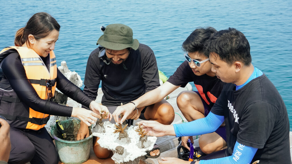 4 orang peserta gathering koral menyusun bayi koral pada platform yang tersedia di tepi pantai